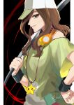  1girl absurdres baseball_cap brown_eyes brown_hair earphones gaen_izuko green_shirt hat highres izu_lemon jewelry kokorowatari long_hair looking_at_viewer monogatari_(series) necklace shirt smile star_(symbol) star_necklace 