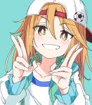  1girl aqua_background brown_eyes clenched_teeth collarbone commentary_request double_v eyebrows_visible_through_hair hair_between_eyes hand_up hat idolmaster idolmaster_cinderella_girls ixy jacket long_hair looking_at_viewer orange_hair simple_background smile solo teeth upper_body v white_jacket yuuki_haru 