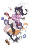  1girl alpaca_carlesi animal_ears antenna_hair bakemonogatari bench black_hair braid breasts cat cat_ears glasses hair_between_eyes hair_ornament hanekawa_tsubasa highres long_braid long_hair monogatari_(series) naoetsu_high_school_uniform pantyhose school_uniform shoes single_shoe skirt thigh-highs thighs violet_eyes 