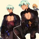  2boys blush boob_window byleth_(fire_emblem) byleth_eisner_(male) dimitri_alexandre_blaiddyd fire_emblem fire_emblem:_three_houses looking_at_viewer multiple_boys open_mouth simple_background tan 