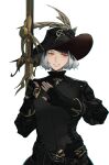  1girl absurdres black_gloves black_headwear black_jacket final_fantasy final_fantasy_xiv fingerless_gloves gloves grey_hair gun handgun hands_up highres holding holding_gun holding_weapon jacket long_sleeves mole mole_under_mouth parted_lips pistol rocher-hd short_hair simple_background smile solo symbol-only_commentary upper_body weapon white_background yellow_eyes 