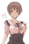  1girl alternate_costume black_skirt blush collarbone embarrassed enmaided eyebrows_visible_through_hair hand_on_own_chest highres idolmaster idolmaster_cinderella_girls lace-trimmed_sleeves lace_trim maid minori_(m-noir) neck_ribbon oikawa_shizuku puffy_short_sleeves puffy_sleeves ribbon ribbon-trimmed_collar ribbon_trim short_hair short_sleeves simple_background skirt solo upper_body white_background 