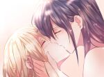 2girls aihara_mei aihara_yuzu bangs bare_shoulders black_hair blonde_hair citrus_(saburouta) closed_eyes eyebrows_visible_through_hair fingernails from_side hair_behind_ear hand_on_another&#039;s_cheek hand_on_another&#039;s_face highres incest kiss multiple_girls redqueen step-siblings wife_and_wife yuri