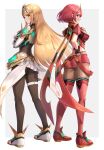  2girls bangs bare_shoulders black_gloves blonde_hair breasts chest_jewel dress earrings elbow_gloves fingerless_gloves gloves gonzarez highres jewelry large_breasts leggings long_hair mythra_(xenoblade) pantyhose pyra_(xenoblade) red_eyes red_legwear red_shorts redhead short_dress short_hair short_shorts shorts super_smash_bros. swept_bangs thigh-highs thigh_strap tiara very_long_hair white_dress white_footwear white_gloves xenoblade_chronicles_(series) xenoblade_chronicles_2 yellow_eyes 