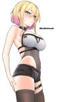  1girl azur_lane bangs bare_shoulders black_legwear black_shorts blonde_hair blue_eyes blush breasts character_name covered_navel eyebrows_visible_through_hair hair_between_eyes kanzaki_muyu large_breasts looking_at_viewer marblehead_(azur_lane) multicolored_hair navel_piercing parted_lips piercing pink_hair see-through short_hair_with_long_locks short_shorts shorts simple_background skindentation solo standing thigh-highs thigh_strap thighs two-tone_hair white_background 