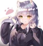  1girl :q absurdres animal_ear_fluff animal_ears bini_(bini_owo) cat_ears cat_tail hand_in_hair highres holding_own_tail hood hood_down hoodie huge_filesize long_hair long_sleeves original paw_print silver_hair sleeves_past_wrists tail tongue tongue_out yellow_eyes 