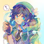  ! 1boy alternate_costume androgynous bangs beret black_hair blue_eyes blue_hair braid collared_shirt earphones eyebrows_visible_through_hair feathers genshin_impact gradient_hair green_eyes green_headwear hat holding holding_phone hood hood_down hooded_jacket jacket kirabunni looking_at_viewer male_focus multicolored_hair necktie open_mouth phone shirt short_hair_with_long_locks simple_background solo speech_bubble twin_braids venti_(genshin_impact) white_shirt 