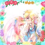  1boy 1girl armor blonde_hair bridal_veil circlet couple floral_background highres holding_hands link mipha osseuso5833 pointy_ears short_ponytail smile the_legend_of_zelda the_legend_of_zelda:_breath_of_the_wild upper_body veil zora_set_(zelda) 