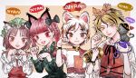  4girls animal_ears animalization artist_request bangs bell black_bow black_cat black_neckwear black_ribbon blonde_hair blush bow braid brown_eyes cat cat_ears cat_tail chen collar dress extra_ears gold goutokuji_mike green_dress green_headwear hair_bow hat highres kaenbyou_rin koban_(gold) komeiji_koishi_(cat) midriff midriff_peek mob_cap multicolored multicolored_clothes multiple_girls nyan orange_vest paw_pose red_eyes redhead ribbon shirt short_hair simple_background speech_bubble tail third_eye toramaru_shou touhou trait_connection twin_braids vest white_neckwear white_shirt 