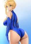  1girl artoria_pendragon_(all) artoria_pendragon_(lancer)_(fate) ass blonde_hair blue_gloves blue_legwear blue_leotard blush braid breasts crown crown_braid fate/grand_order fate_(series) from_behind gloves green_eyes highres large_breasts leotard looking_at_viewer looking_back shiny shiny_hair short_hair sidelocks solo standing yamaneko_(tkdrumsco) 