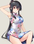  1girl alternate_costume arm_behind_head arm_up armpits bangs black_hair china_dress chinese_clothes dress eyebrows_visible_through_hair floral_print hair_ornament hair_scrunchie ichinomiya_(blantte) kantai_collection light_blush long_hair looking_at_viewer parted_lips ponytail print_dress red_eyes scrunchie side_slit sidelocks sitting solo white_dress yahagi_(kancolle) 
