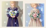  2girls artist_name barbara_(genshin_impact) beiyi blonde_hair bouquet bubble closed_eyes closed_mouth dress english_commentary eyebrows_visible_through_hair flower genshin_impact highres holding holding_bouquet jean_gunnhildr_(genshin_impact) multiple_girls siblings sisters smile tied_hair 