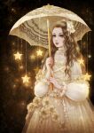  blonde_hair blush dress flower frills lipstick long_sleeves looking_at_viewer magic_iris makeup parasol see-through star_(symbol) umbrella 