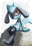  1boy animal_ears artist_name black_fur blue_fur blush body_fur child closed_mouth commentary expressionless full_body furry gen_4_pokemon grey_background highres ikei light_blush looking_at_viewer male_focus paws pokemon pokemon_(creature) red_eyes riolu rock signature simple_background sitting snout solo tail two-tone_fur wolf_boy 