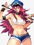  1girl abs blue_eyes chain choker crop_top hat highres holding holding_whip long_hair looking_at_viewer midriff peaked_cap pink_hair poison_(final_fight) shorts street_fighter transgender uncle_rabbit_ii whip 