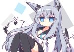  1girl animal_ears azur_lane bangs black_legwear black_sailor_collar black_skirt blue_eyes blue_neckwear crossed_bangs eyebrows_visible_through_hair fox_ears fox_girl grey_hair kashimu kawakaze_(azur_lane) long_hair looking_at_viewer pleated_skirt ribbon-trimmed_clothes ribbon-trimmed_sleeves ribbon_trim sailor_collar skirt solo thigh-highs wide_sleeves 