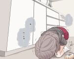  1girl beni_shake bottle brown_hair commentary_request frying_pan grey_sweater indoors kneeling ladle no_shoes on_floor original red_skirt signature skirt socks solo spatula sweater translation_request trembling white_legwear 