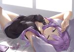  1girl ;) alternate_costume arched_back armpits arms_up bed_sheet black_shirt blush breasts cellphone closed_mouth collarbone commentary_request covered_nipples day hair_ornament_removed highres indoors kanzen_bouon long_hair looking_at_viewer lying on_back on_bed one_eye_closed phone pillow purple_hair purple_shirt shirt short_shorts shorts sleeveless sleeveless_shirt small_breasts smartphone smile solo sunlight violet_eyes voiceroid yuzuki_yukari 