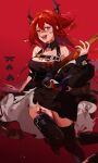  1girl 9degree absurdres arknights bare_shoulders blood blood_on_face blood_stain coat demon_girl demon_horns dress highres holding holding_weapon horns long_hair redhead sharp_teeth solo surtr_(arknights) teeth violet_eyes weapon 