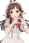  1girl alternate_costume apple apron bangs blush bow brown_eyes brown_hair brown_skirt center_frills collared_shirt earrings enmaided eyebrows_behind_hair flying_sweatdrops food frilled_apron frills fruit grey_shirt hands_up heart heart_earrings heart_hands idolmaster idolmaster_cinderella_girls idolmaster_cinderella_girls_starlight_stage jewelry long_hair looking_at_viewer maid maid_headdress mattaku_mousuke open_mouth puffy_short_sleeves puffy_sleeves red_bow shirt short_sleeves simple_background skirt solo striped striped_bow tsujino_akari twitter_username very_long_hair white_apron white_background wrist_cuffs 