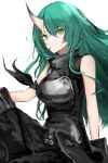  1girl arknights armor bangs bare_arms bare_shoulders breastplate commentary eyebrows_visible_through_hair green_eyes green_hair highres horns hoshiguma_(arknights) ichika_oekaki87 long_hair looking_at_viewer scar scar_on_cheek scar_on_face simple_background single_horn sleeveless solo upper_body very_long_hair white_background 