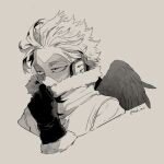  1boy artist_name boku_no_hero_academia commentary_request covered_mouth cropped_shoulders facial_mark feathered_wings fur-trimmed_gloves fur-trimmed_jacket fur_trim gloves goggles greyscale hand_up haruimo_(imoco_0706-b) hawks_(boku_no_hero_academia) headphones high_collar jacket male_focus monochrome portrait sanpaku short_hair simple_background solo tinted_eyewear twitter_username wings 