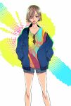  1girl :p alternate_costume brown_eyes brown_hair eyewear_removed hair_over_one_eye hands_in_pockets jacket jujutsu_kaisen kugisaki_nobara looking_at_viewer mihoshy short_hair shorts solo sunglasses tongue tongue_out 