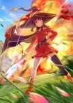  1girl bandaged_leg bandages belt black_belt black_hair black_legwear blush button_eyes cape collar commentary_request dress explosion flat_chest hat highres holding holding_staff kono_subarashii_sekai_ni_shukufuku_wo! megumin mikazuki_akira! mismatched_legwear orange_footwear red_dress red_eyes short_hair_with_long_locks single_thighhigh staff thigh-highs witch_hat 