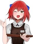 1girl ;d apron black_apron black_neckwear blue_bow blush bow hand_up holding holding_tray kohaku_(tsukihime) looking_at_viewer manaty_sw md5_mismatch name_tag necktie one_eye_closed open_mouth redhead resolution_mismatch shirt short_sleeves smile solo source_larger tongue tray tsukihime upper_body white_shirt yellow_eyes 