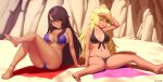  2girls :p ;d artist_name bangs bare_arms bare_legs bare_shoulders barefoot beach bikini black_bikini black_nails blanket blonde_hair blush breasts brown_hair collarbone commentary commission eyebrows_visible_through_hair eyes_visible_through_hair feet full_body highres kuroonehalf large_breasts long_hair looking_at_viewer multiple_girls navel one-piece_tan one_eye_closed open_mouth original purple_bikini red_eyes red_nails sitting smile swimsuit tan tanline toenail_polish tongue tongue_out very_long_hair violet_eyes 