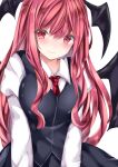  1girl bangs bat_wings black_skirt black_vest blush breasts closed_mouth collared_shirt commentary_request eyebrows_visible_through_hair hair_between_eyes head_wings highres juliet_sleeves koakuma long_hair long_sleeves looking_at_viewer medium_breasts nanase_nao necktie puffy_sleeves red_eyes red_neckwear redhead shirt simple_background skirt smile solo touhou upper_body very_long_hair vest white_background white_shirt wing_collar wings 
