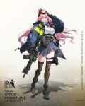  1girl artist_request bag bangs belt black_footwear black_gloves black_legwear blue_jacket blue_skirt blush boots breasts character_name commentary_request copyright_name earrings eyebrows_visible_through_hair eyewear_on_head floor girls_frontline gloves gun heart heart_earrings highres holding jacket jewelry large_breasts long_hair looking_at_viewer mole mole_under_eye neck_tattoo official_art open_clothes open_jacket open_mouth pink_hair police police_uniform red_eyes rifle salute shirt sig-mcx_(girls_frontline) simple_background skirt solo standing tattoo thigh-highs uniform walkie-talkie weapon white_shirt 