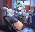  1girl akira0171 between_breasts blue_hair boots breasts closed_mouth couch curtains eula_(genshin_impact) genshin_impact gloves looking_at_viewer necktie necktie_between_breasts sitting solo thigh-highs thigh_boots thighs window 