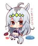  1girl :t ahoge animal_ears bangs beniko_(ymdbnk) big_belly black_footwear blue_eyes blush chibi closed_mouth commentary_request doughnut eating eyebrows_visible_through_hair food food_on_face full_body grey_hair hair_between_eyes horse_ears horse_girl horse_tail long_hair looking_at_viewer multicolored_hair oguri_cap_(umamusume) over-kneehighs pleated_skirt puffy_short_sleeves puffy_sleeves purple_shirt school_uniform shirt shoes short_sleeves silver_hair simple_background skirt solo tail thigh-highs translation_request two-tone_hair umamusume very_long_hair white_background white_legwear white_skirt x_navel 