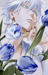  1boy bangs blue_eyes blue_flower closed_mouth flower gojou_satoru hair_between_eyes hand_up head_rest highres jujutsu_kaisen keki_chogyegi long_sleeves looking_away male_focus shirt short_hair solo upper_body white_background white_hair white_shirt 