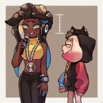  2girls a_very_happy_potato bandana cephalopod_eyes collared_vest colored_skin cropped_vest crown dark_skin dark-skinned_female domino_mask envy height_difference looking_at_another marina_(splatoon) mask mole mole_under_mouth multicolored multicolored_skin multiple_girls octarian pearl_(splatoon) pink_pupils size_difference splatoon_(series) suction_cups tentacle_hair vest 