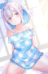  1girl amane_kanata arms_behind_back bare_shoulders blue_dress blue_hair blue_ribbon blush closed_mouth collarbone colored_inner_hair cowboy_shot dress gingham_dress hair_intakes hair_ribbon hololive looking_at_viewer low_neckline multicolored_hair off-shoulder_dress off_shoulder ribbon shiitake_taishi short_dress short_hair silver_hair simple_background sitting smile solo spaghetti_strap spread_legs sundress thighs violet_eyes virtual_youtuber wide_ponytail 