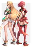  2girls bangs bare_legs bare_shoulders black_gloves blonde_hair breasts chest_jewel cleavage_cutout clothing_cutout dress earrings elbow_gloves fingerless_gloves gloves gonzarez highres jewelry large_breasts long_hair mythra_(xenoblade) pyra_(xenoblade) red_eyes red_legwear red_shorts redhead short_dress short_hair short_shorts shorts swept_bangs thigh-highs thigh_strap tiara very_long_hair white_dress white_footwear white_gloves xenoblade_chronicles_(series) xenoblade_chronicles_2 yellow_eyes 
