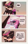 +_+ 1girl 3koma a_very_happy_potato black_jumpsuit blush callie_(splatoon) clueless comic domino_mask double_v earrings english_commentary english_text food food_on_head highres holding holding_phone idol jewelry mask mole mole_under_eye object_on_head phone short_jumpsuit solo splatoon_(series) sushi tentacle_hair tentacles v