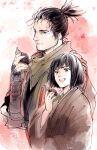  2boys bangs black_eyes black_hair closed_mouth coat facial_hair food highres holding holding_food japanese_clothes kedama_kvn kimono kuro_the_divine_heir long_sleeves looking_at_viewer male_focus multiple_boys onigiri open_mouth ponytail scar scar_across_eye scar_on_face scarf sekiro sekiro:_shadows_die_twice short_hair simple_background white_background 