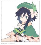  1boy androgynous bangs beret black_hair blue_hair blush bow braid cape closed_mouth collared_cape corset eyebrows_visible_through_hair flower frilled_sleeves frills genshin_impact gradient_hair green_eyes green_headwear hair_flower hair_ornament hat holding holding_flower leaf long_sleeves looking_at_viewer male_focus melanbread multicolored_hair shirt short_hair_with_long_locks simple_background smile solo twin_braids venti_(genshin_impact) white_background white_flower white_shirt 