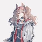  1girl angelina_(arknights) animal_ears arknights bag black_shirt breasts brown_hair closed_mouth coat commentary earpiece eyelashes fox_ears grey_background infection_monitor_(arknights) light_smile long_hair long_sleeves looking_to_the_side open_clothes open_coat raito47 red_eyes shirt shoulder_bag simple_background small_breasts smile solo twintails upper_body white_coat 