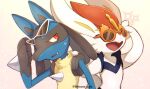  :d artist_name brown-tinted_eyewear chitozen_(pri_zen) cinderace commentary_request fang gen_4_pokemon gen_8_pokemon hand_on_another&#039;s_shoulder lucario open_mouth orange-framed_eyewear pokemon pokemon_(creature) smile sparkle spikes sunglasses tongue white-framed_eyewear yellow_fur 