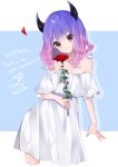  1girl aoiro_0w0 bangs bare_shoulders brown_eyes character_name collarbone commission dress english_commentary eyebrows_behind_hair flat_chest flower gradient_hair heart highres holding holding_flower horns indie_virtual_youtuber medium_hair multicolored_hair off-shoulder_dress off_shoulder open_hand pink_hair purple_hair rose second-party_source skeb_commission smile solo taro_tapioca virtual_youtuber white_dress 