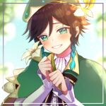  1boy androgynous bangs beret black_hair blue_hair blurry blurry_background blush bow braid cape chiroron collared_cape collared_shirt eyebrows_visible_through_hair flower frilled_sleeves frills genshin_impact gradient_hair green_eyes green_headwear grin hair_flower hair_ornament hat holding holding_flower leaf long_sleeves looking_at_viewer lowres male_focus multicolored_hair open_mouth shirt short_hair_with_long_locks smile solo teeth twin_braids venti_(genshin_impact) white_flower white_shirt 