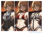  1girl armor bangs bare_shoulders bikini_armor black_legwear blonde_hair blush braid breastplate breasts brown_cape cape clarent_(fate) embarrassed fate/apocrypha fate_(series) faulds french_braid green_eyes grin hair_ornament hair_scrunchie long_hair looking_at_viewer mordred_(fate) mordred_(fate)_(all) navel parted_bangs pelvic_curtain ponytail scrunchie sidelocks small_breasts smile sword thigh-highs thighs tonee weapon 