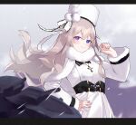  1girl :3 absurdres akutaa azur_lane bangs belt blurry bow capelet clouds cloudy_sky coat commentary_request cross cross_necklace depth_of_field eyebrows_visible_through_hair fur-trimmed_capelet fur-trimmed_coat fur-trimmed_sleeves fur_collar fur_trim hand_on_hip hat hat_bow hat_ribbon heterochromia highres jewelry long_hair looking_at_viewer looking_to_the_side machinery murmansk_(azur_lane) necklace papakha ribbon sidelocks silver_hair sky smile snowing solo turret wind winter_clothes winter_coat 