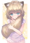  1girl animal_ear_fluff animal_ears bangs blue_eyes blush brown_hair closed_mouth commission dress eyebrows_visible_through_hair frilled_dress frills highres holding_tail looking_at_viewer miyanome original short_dress skeb_commission solo tail white_dress 