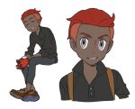  1boy alternate_hair_color alternate_hairstyle alternate_skin_color brown_footwear buttons commentary_request dark_skin dark_skinned_male gloves grey_eyes invisible_chair male_focus multiple_views pants parted_lips pokemon pokemon_(game) pokemon_swsh redhead sankaku shirt shoes sitting sleeves_rolled_up smile undercut victor_(pokemon) wristband 