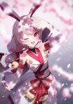  1girl ;d \||/ absurdres animal_ears bangs bare_shoulders blurry blurry_background blurry_foreground blush breasts character_request check_character cowboy_shot depth_of_field detached_sleeves dress ett eyebrows_visible_through_hair falling_petals hand_up highres honkai_(series) honkai_impact_3rd looking_at_viewer one_eye_closed open_mouth petals pink_eyes rabbit_ears silver_hair small_breasts smile solo standing theresa_apocalypse upper_teeth white_dress 